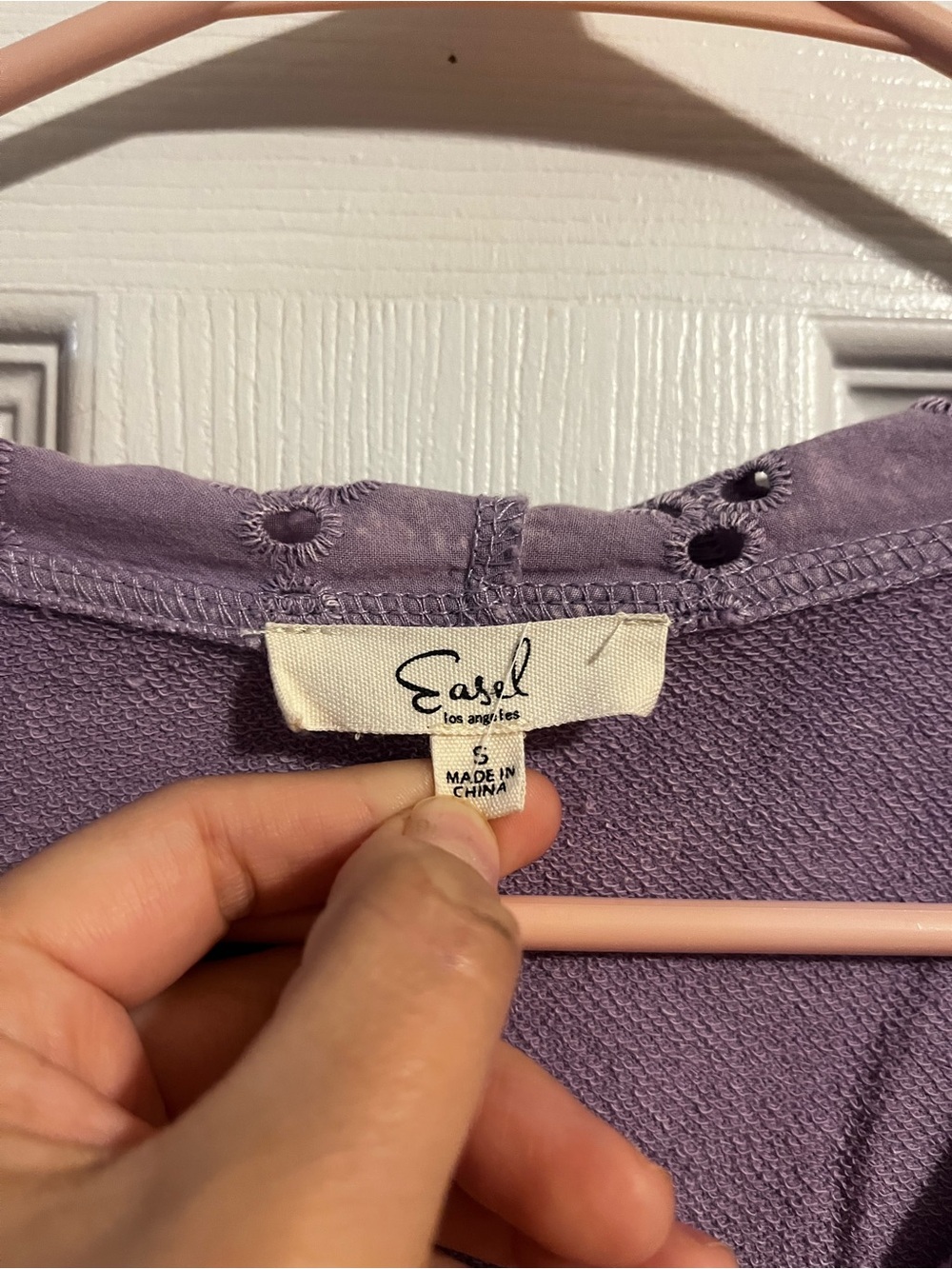 Easel | Washed Lavender Hooded Eyelet Sleeve Top - Sz Small - Picture 7 of 10